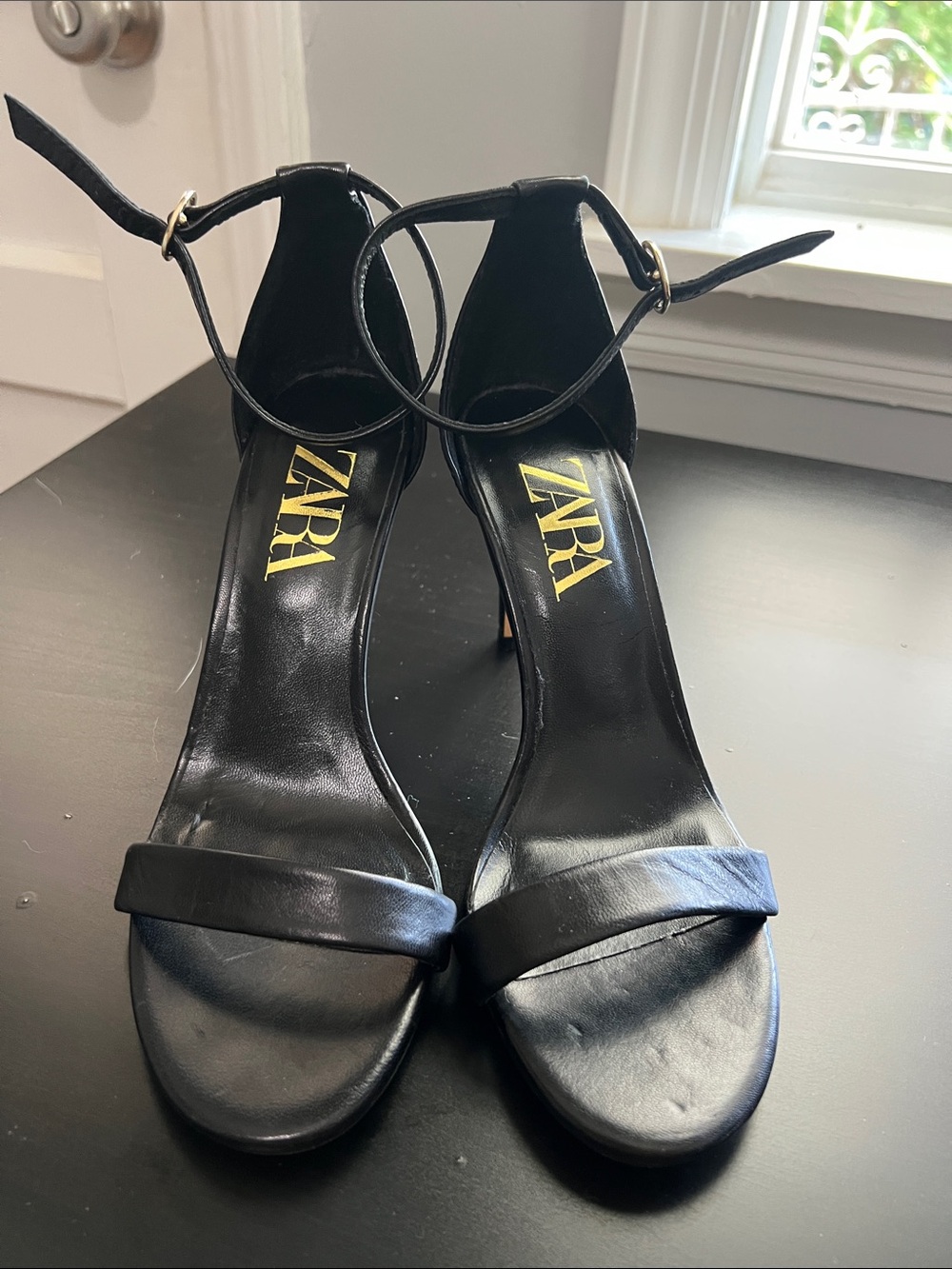 Zara Black Leather Ankle-Strap Block Heel Sandals